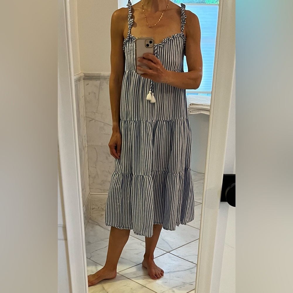 J.Crew Cotton and linen Lined Tiered Maxi dress in blue and white stripes